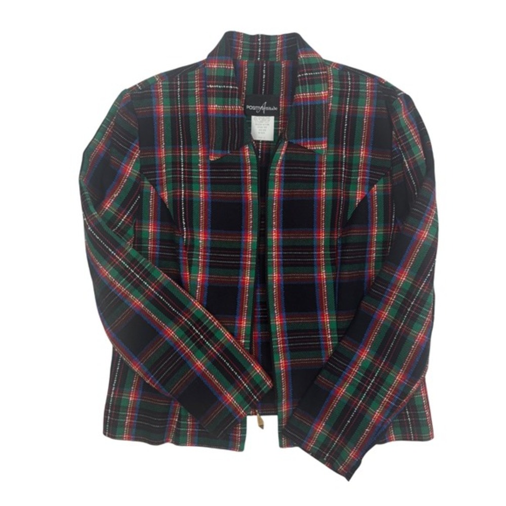 Vintage Plaid Blazer Jacket Women's‎ Size 12 Zip Front Gold Accent